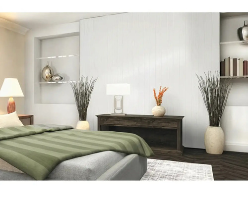 Chambre moderne avec lambris blanc, buffet sombre et lampes de table. Au premier plan, un lit avec du linge de lit à rayures vertes.