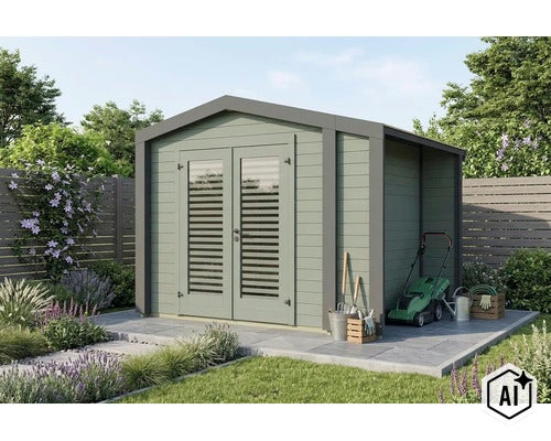 Abri de jardin moderne en bois avec portes doubles et appentis latéral sur une terrasse dans un jardin. (Image AI modified or generated)