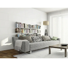Salon moderne et lumineux avec un canapé gris devant un mur de panneaux blancs avec des étagères et un tapis clair.