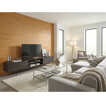 Salon moderne avec des panneaux muraux imitation bois derrière un meuble de télévision sombre et un canapé gris clair sur un tapis clair.