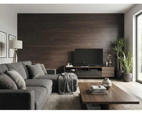 Salon moderne avec un mur d'accent en panneaux muraux imitation bois foncé, canapé d'angle gris et table basse en bois.