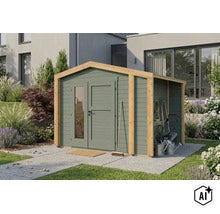 Abri de jardin en bois avec toit en pente et appentis, comprenant des outils de jardin, devant une maison moderne. (Image AI modified or generated)