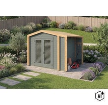 Abri de jardin en bois avec doubles portes et appentis intégré sur une terrasse en pierre dans le jardin. (Image AI modified or generated)