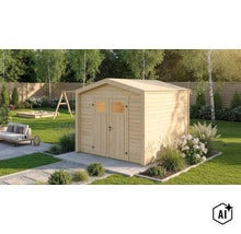 Abri de jardin en bois avec toit à deux pans et double porte avec fenêtres, installé dans un jardin entretenu avec salon et bac à sable. (Image AI modified or generated)