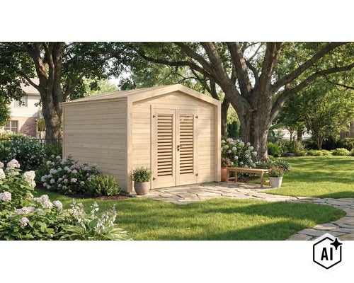 Abri de jardin en bois avec double porte et design à lamelles, situé dans un jardin soigné sur une dalle en pierre. (Image AI modified or generated)