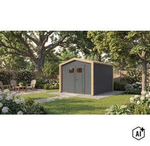 Abri de jardin en bois avec double porte et fenêtres dans un jardin soigné avec coin salon et arbres. (Image AI modified or generated)