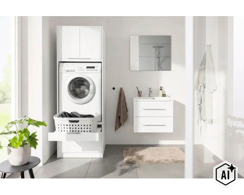 Armoire blanche pour lave-linge dans une salle de bain claire, avec tiroir pour panier à linge et meuble vasque. (Image AI modified or generated)
