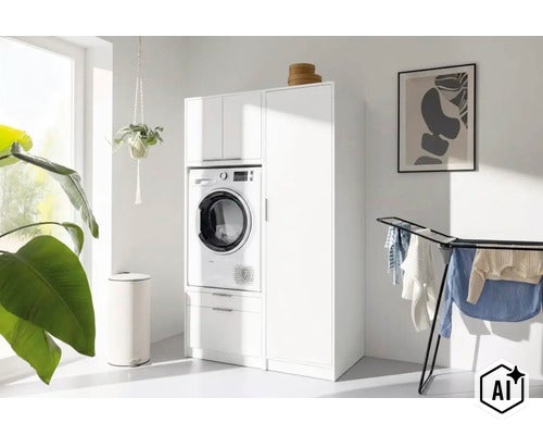 Meuble de buanderie moderne pour lave-linge avec sèche-linge intégré et armoire haute dans une buanderie lumineuse. (Image AI modified or generated)