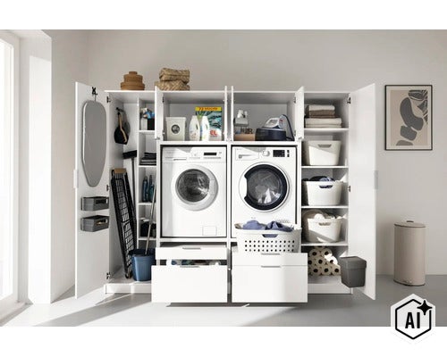 Armoire de buanderie blanche organisée avec lave-linge, sèche-linge, étagères de rangement, tiroirs et supports pour ustensiles. (Image AI modified or generated)