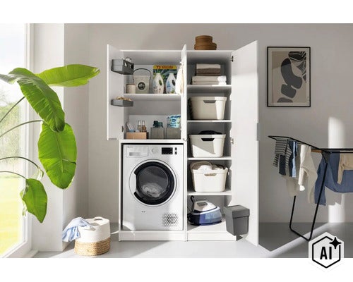 Armoire pour lave-linge et armoire d'appoint blanches dans la buanderie avec lave-linge, paniers, fer à repasser et lessive. (Image AI modified or generated)
