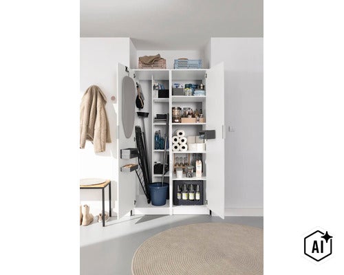 Armoire à balais ouverte avec planche à repasser, séchoir, seau, produits de nettoyage et provisions. (Image AI modified or generated)