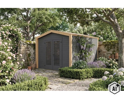 Abri de jardin moderne en bois avec double porte à persiennes dans un jardin fleuri et soigné avec un mur en pierre naturelle. (Image AI modified or generated)