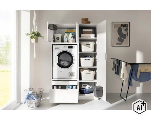 Buanderie lumineuse et organisée avec armoire de machine à laver blanche, étagères pour paniers à linge, serviettes et tiroirs pratiques. (Image AI modified or generated)