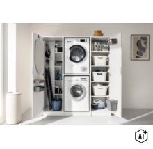 Armoire de buanderie blanche avec espace pour lave-linge, sèche-linge, paniers à linge et étagères de rangement. (Image AI modified or generated)