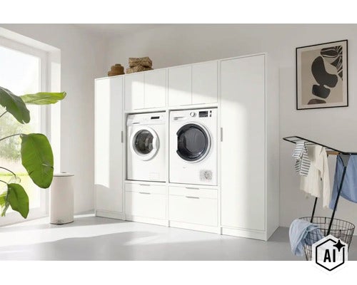 Meuble de machine à laver blanc sous forme d'armoire modulaire pour lave-linge et sèche-linge dans une buanderie lumineuse. (Image AI modified or generated)
