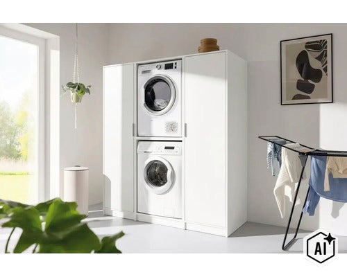 Armoire de machine à laver blanche combinée avec des colonnes pour lave-linge et sèche-linge dans une buanderie lumineuse. (Image AI modified or generated)