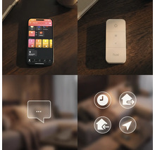 Commande d'éclairage intelligent Philips Hue avec application smartphone, variateur sans fil et icônes de planification et d'automatisation.