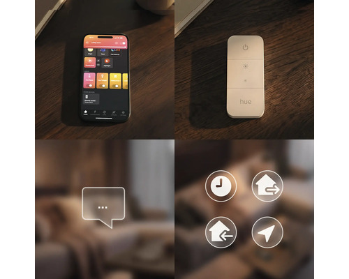 Commande d'éclairage intelligent Philips Hue avec application smartphone, variateur sans fil et icônes de planification et d'automatisation.