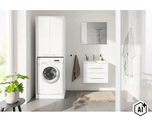Salle de bain moderne et lumineuse avec un meuble pour lave-linge blanc au-dessus d'un lave-linge, un meuble sous-vasque et un miroir. (Image AI modified or generated)