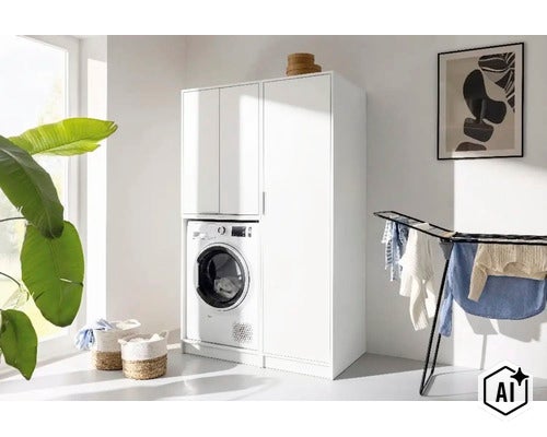 Meuble pour lave-linge blanc et armoire haute dans une buanderie lumineuse et moderne avec séchoir à linge. (Image AI modified or generated)
