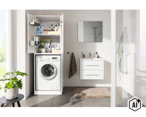 Salle de bain moderne avec meuble pour lave-linge blanc, machine à laver intégrée, meuble sous-vasque et miroir. (Image AI modified or generated)