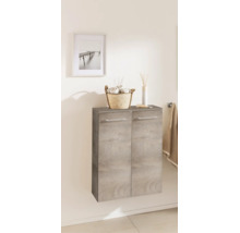 Meuble de salle de bain suspendu aspect bois gris à deux portes, décoré d'un panier à serviettes et d'un diffuseur.