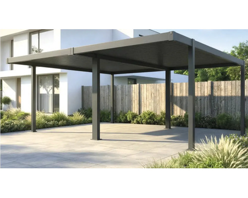 Pergola autoportante en aluminium gris foncé avec toit à lames sur une terrasse dallée à côté d'une maison moderne.