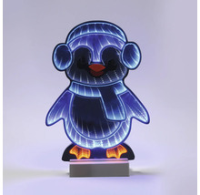 Lampe décorative LED pingouin avec effet tunnel, pingouin portant un bonnet et une écharpe sur un socle.
