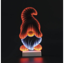 Figurine décorative LED gnome avec effet miroir d'infini, lumière chaude et froide sur socle blanc.