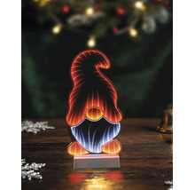 Décoration de Noël LED avec miroir d'infinité en forme de gnome avec éclairage orange et blanc sur une table en bois.