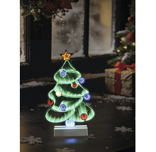 Sapin de Noël à LED avec effet miroir infini, lumières colorées et étoile sur socle blanc dans un décor de fête.