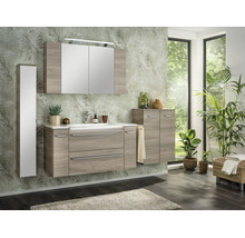 Ensemble de meubles de salle de bains aspect bois avec meuble sous-lavabo, armoire de toilette et deux armoires latérales.