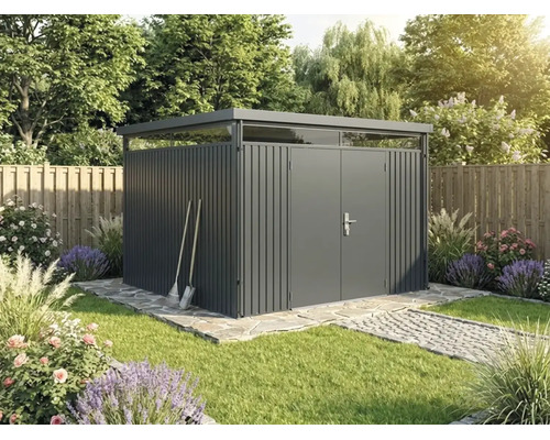 Abri de jardin moderne en métal avec toit plat, fenêtre de toit et double porte dans un jardin paysager.