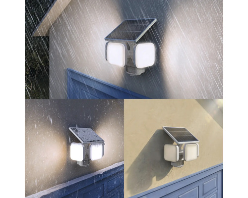 Solarbetriebene LED-Aussenwandleuchte mit zwei verstellbaren Köpfen und Bewegungsmelder bei Regen, Schnee und Sonnenschein.