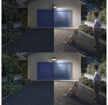 Vergleich einer dunklen und einer durch einen Solar-LED-Aussenstrahler mit Bewegungsmelder beleuchteten Einfahrt mit einer Person und einem Hund.