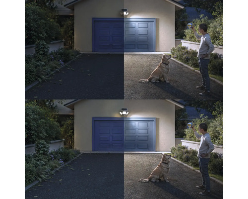 Vergleich einer dunklen und einer durch einen Solar-LED-Aussenstrahler mit Bewegungsmelder beleuchteten Einfahrt mit einer Person und einem Hund.