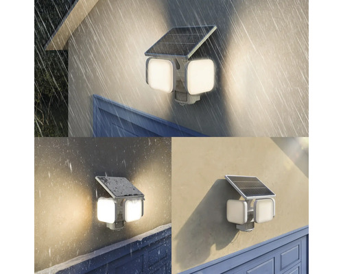 Solar-LED-Außenstrahler mit drei Leuchtköpfen und Bewegungsmelder, montiert an einer Wand bei Regen, Schnee und Sonnenschein.