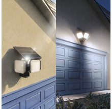 Solar-LED-Aussenstrahler mit Bewegungsmelder über einem Garagentor bei Tag und Nacht, hell leuchtend in der Dunkelheit.