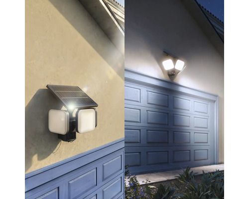 Solar-LED-Aussenstrahler mit Bewegungsmelder über einem Garagentor bei Tag und Nacht, hell leuchtend in der Dunkelheit.