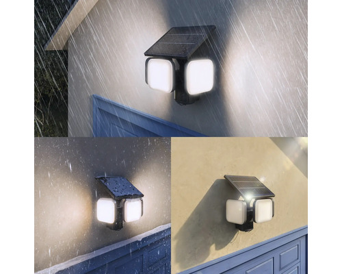Wetterfeste Solar-LED-Aussenwandleuchte mit zwei Lichtköpfen, dargestellt in verschiedenen Wettersituationen wie Regen, Schnee und Sonnenschein.