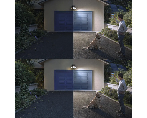 Solar-Wandleuchte mit Bewegungsmelder beleuchtet eine Garageneinfahrt bei Nacht, Vergleich von Dunkelheit und Licht mit einer Person und einem Hund.