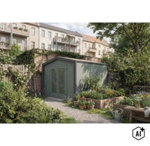 Abri de jardin avec portes à lames dans un jardin verdoyant devant un vieux mur en briques avec des potagers surélevés et des plantes. (Image AI modified or generated)
