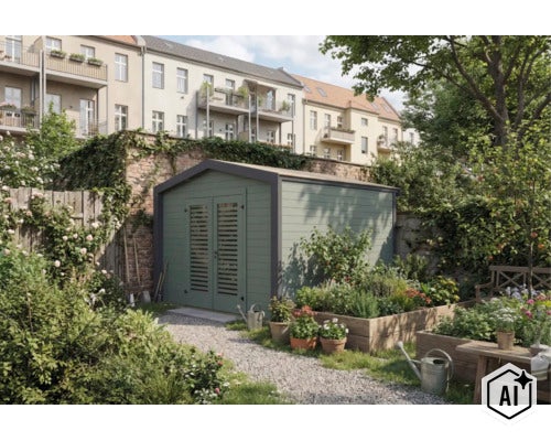 Abri de jardin avec portes à lames dans un jardin verdoyant devant un vieux mur en briques avec des potagers surélevés et des plantes. (Image AI modified or generated)