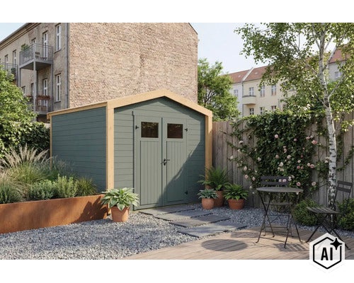 Abri de jardin en bois avec porte double et fenêtres dans un jardin sur un lit de gravier avec une terrasse en bois adjacente. (Image AI modified or generated)