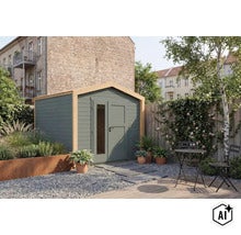 Abri de jardin moderne en bois avec double porte et élément en verre dans un jardin avec terrasse et plantes. (Image AI modified or generated)