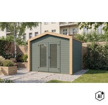 Abri de jardin moderne en bois avec double porte à persiennes et toit à deux versants, installé dans un jardin soigné avec une zone en gravier. (Image AI modified or generated)