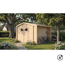 Abri de jardin en bois avec doubles portes et appentis latéral pour outils de jardin, situé dans un jardin soigné avec massifs et arbres. (Image AI modified or generated)