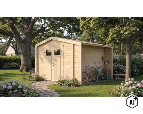 Abri de jardin en bois avec doubles portes et appentis latéral pour outils de jardin, situé dans un jardin soigné avec massifs et arbres. (Image AI modified or generated)