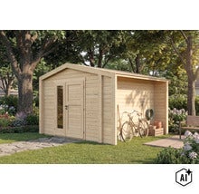 Abri de jardin en bois avec auvent intégré et double porte vitrée dans le jardin (Image AI modified or generated)