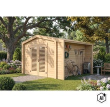 Abri de jardin en bois avec double porte et auvent latéral pour le rangement de vélos et d outils de jardin dans un jardin. (Image AI modified or generated)